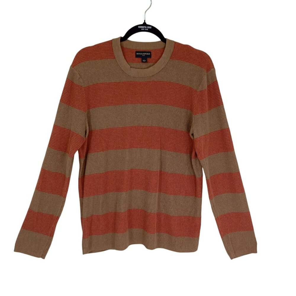 Banana Republic Sweater Mens Striped L Brown & Red 100% Cotton Crewneck